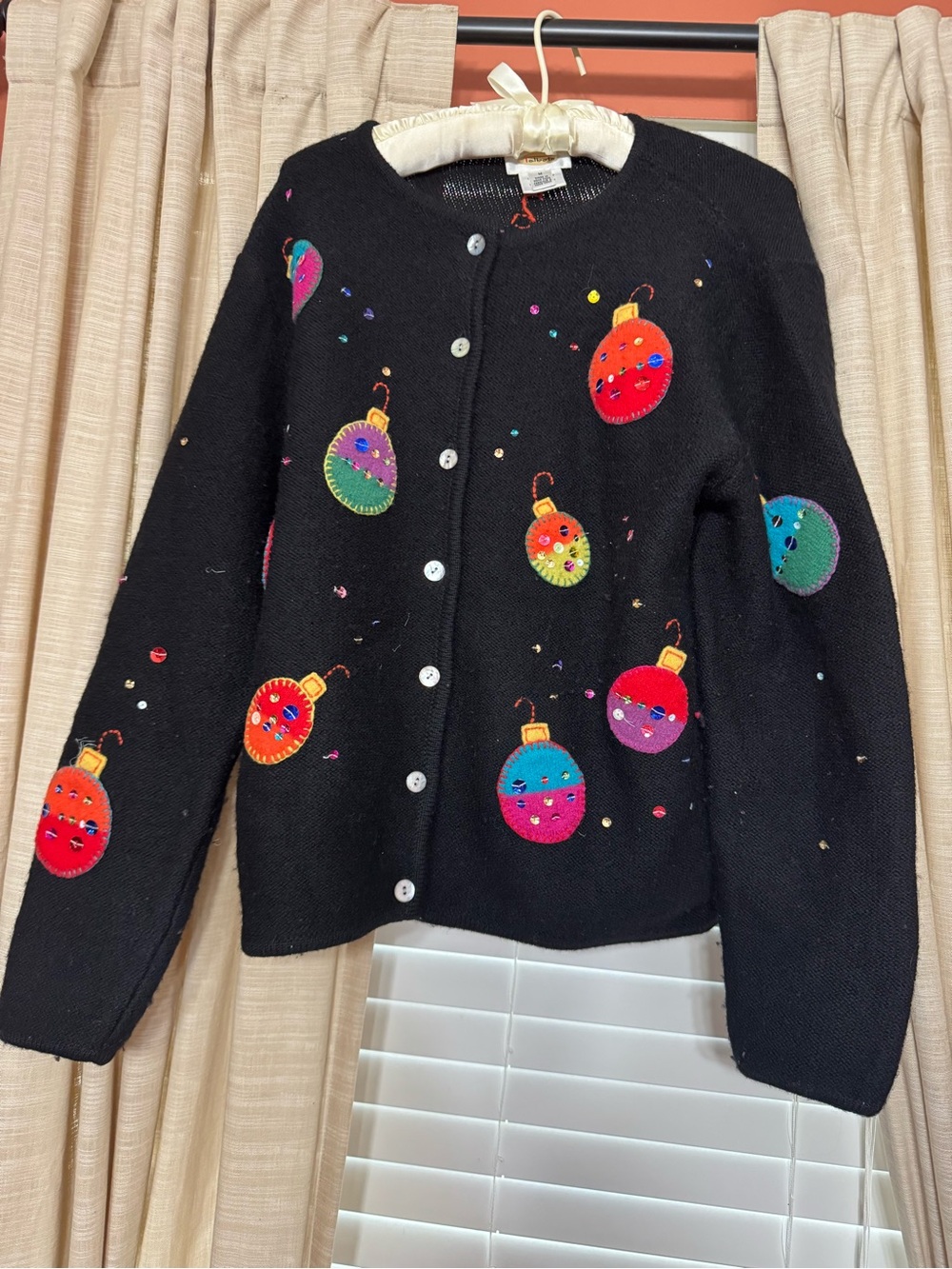 Talbots Black Holiday Ornament Embroidered Cardigan with Multicolor Baubles